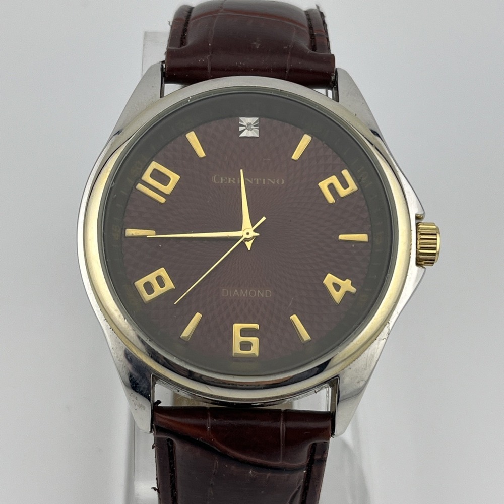 Cerentino Diamond Accent Watch Men 42mm Silver Case Brown‎ Band- New Battery